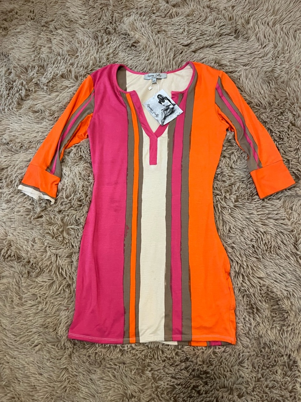 NWT Ramona Larue Stripe V-Neck Tunic Dress M Pink & Orange